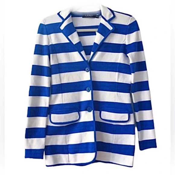 Ralph Lauren SAPH STAR Sapphire Blue white Stripe knit blazer jacket size XS new